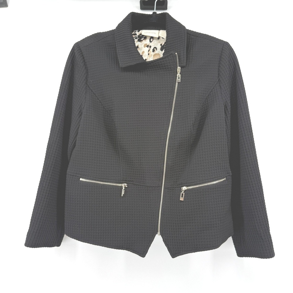 Chico's Moto Jacket Womens 1P Black Waffle Knit Asymmetrical Zip Leopard Lining